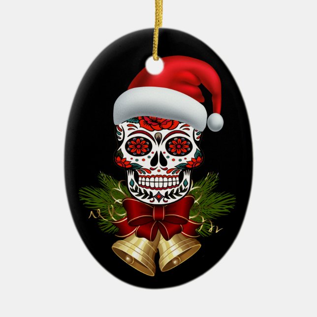Christmas Santa Hat Day Of The Dead Sugar Skull Ceramic Ornament (Front)
