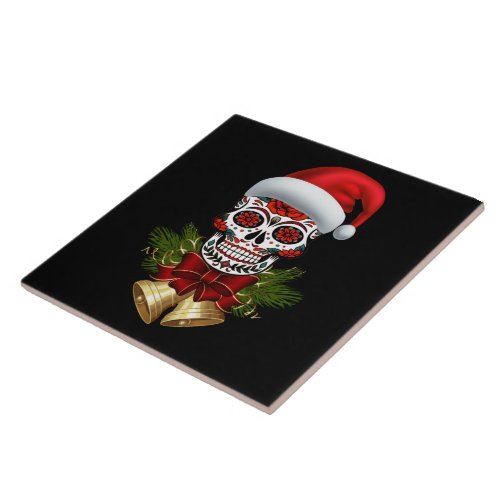 Christmas Santa Hat Day Of The Dead Sugar Skull Ceramic Tile