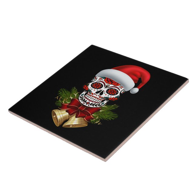 Christmas Santa Hat Day Of The Dead Sugar Skull Ceramic Tile (Side)
