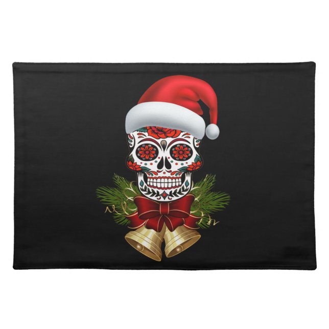 Christmas Santa Hat Day Of The Dead Sugar Skull Cloth Placemat (Front)