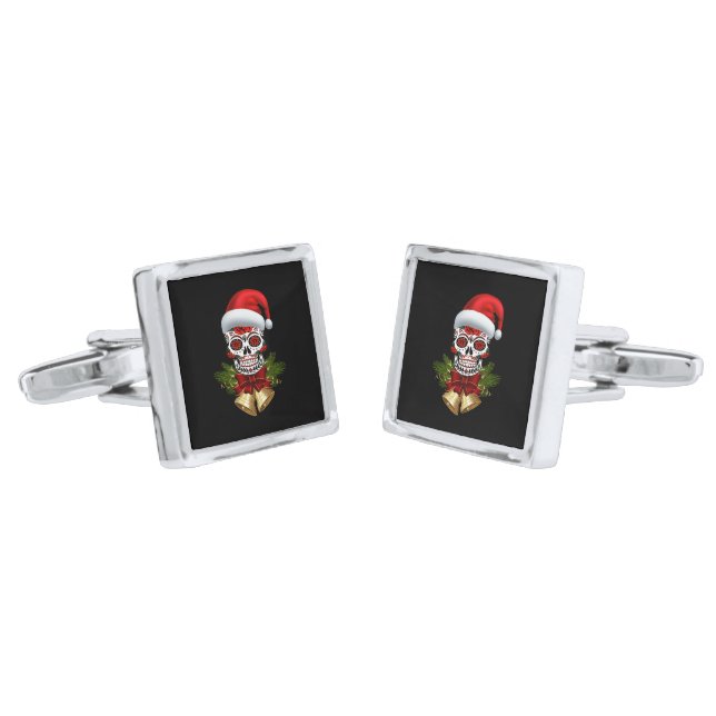 Christmas Santa Hat Day Of The Dead Sugar Skull Cufflinks (Angled)