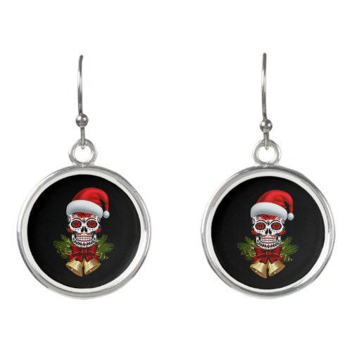 Christmas Santa Hat Day Of The Dead Sugar Skull Earrings