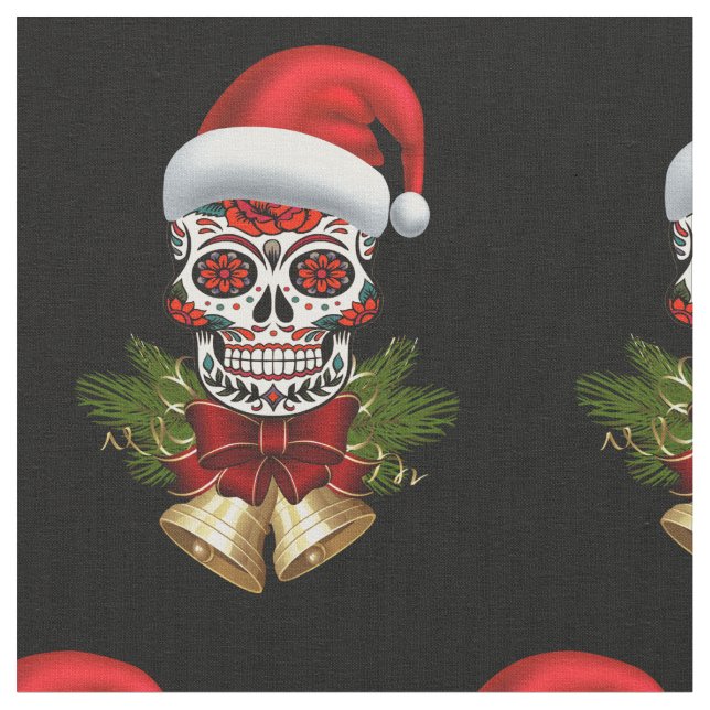 Christmas Santa Hat Day Of The Dead Sugar Skull Fabric (Close Up)