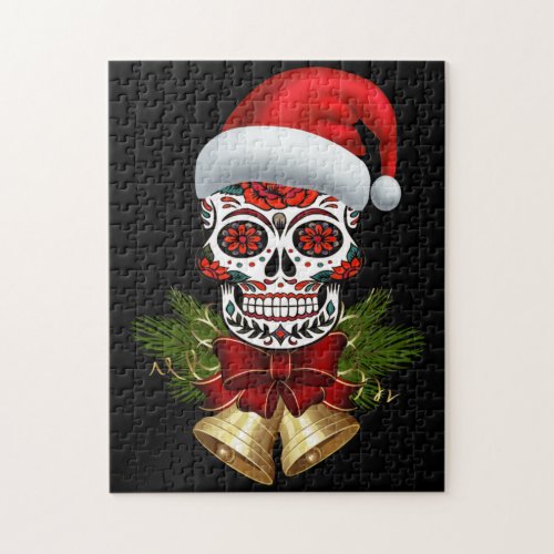 Christmas Santa Hat Day Of The Dead Sugar Skull Jigsaw Puzzle