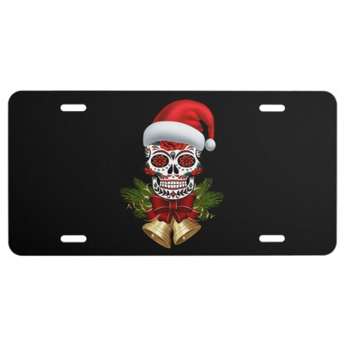 Christmas Santa Hat Day Of The Dead Sugar Skull License Plate