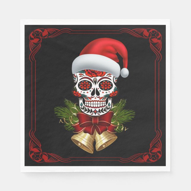 Christmas Santa Hat Day Of The Dead Sugar Skull Napkins (Front)