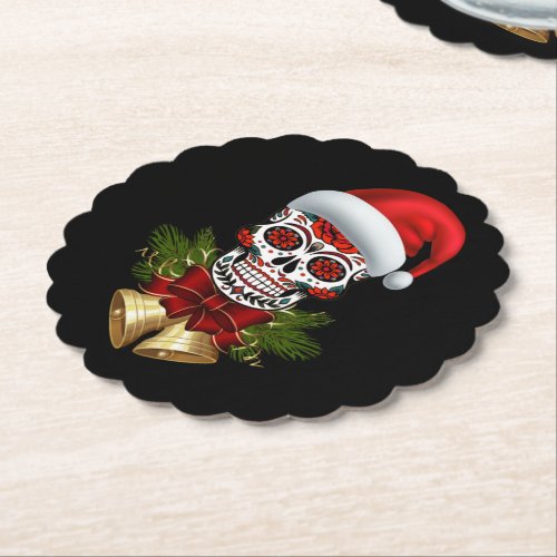 Christmas Santa Hat Day Of The Dead Sugar Skull Paper Coaster