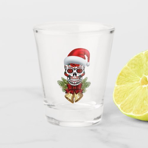 Christmas Santa Hat Day Of The Dead Sugar Skull Shot Glass