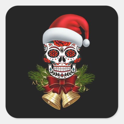 Christmas Santa Hat Day Of The Dead Sugar Skull Square Sticker