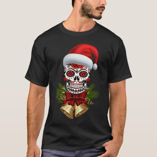 Christmas Santa Hat Day Of The Dead Sugar Skull T_Shirt