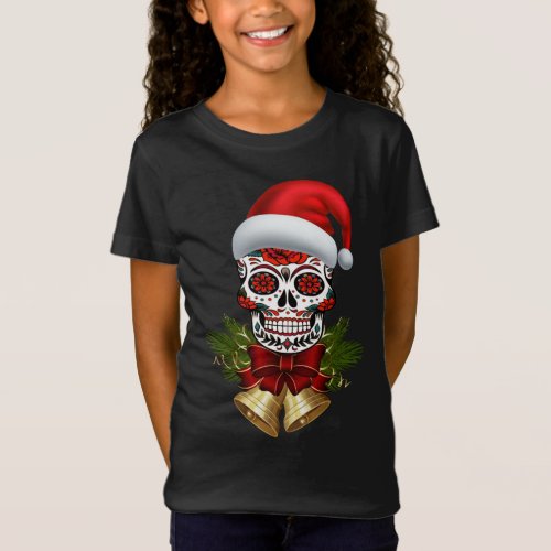 Christmas Santa Hat Day Of The Dead Sugar Skull T_Shirt