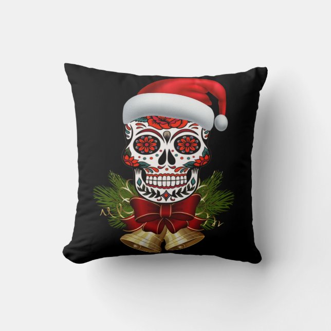 Christmas Santa Hat Day Of The Dead Sugar Skull Throw Pillow (Front)