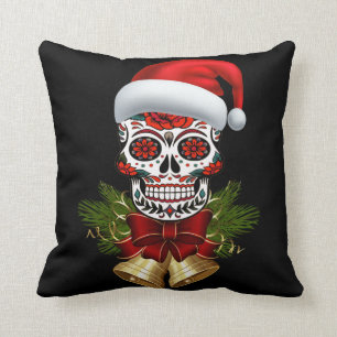 Christmas Santa Hat Day Of The Dead Sugar Skull Throw Pillow