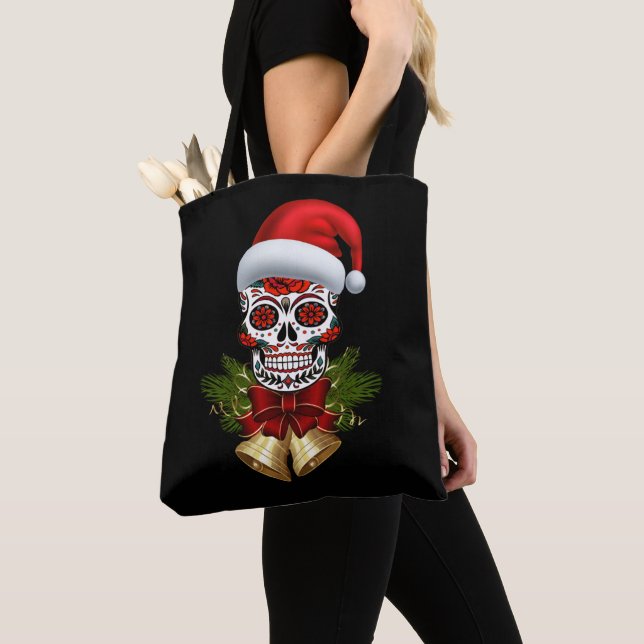 Christmas Santa Hat Day Of The Dead Sugar Skull Tote Bag (Close Up)