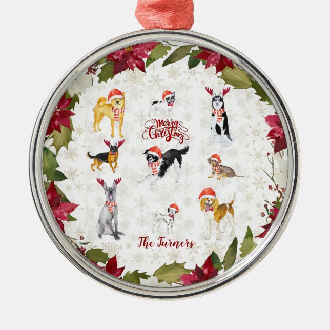 Christmas Santa hat Dogs Poinsettia Monogram Metal Ornament (Front)