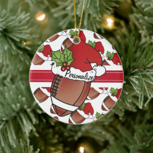 Christmas Santa Hat Football DIY Name Ceramic Ornament