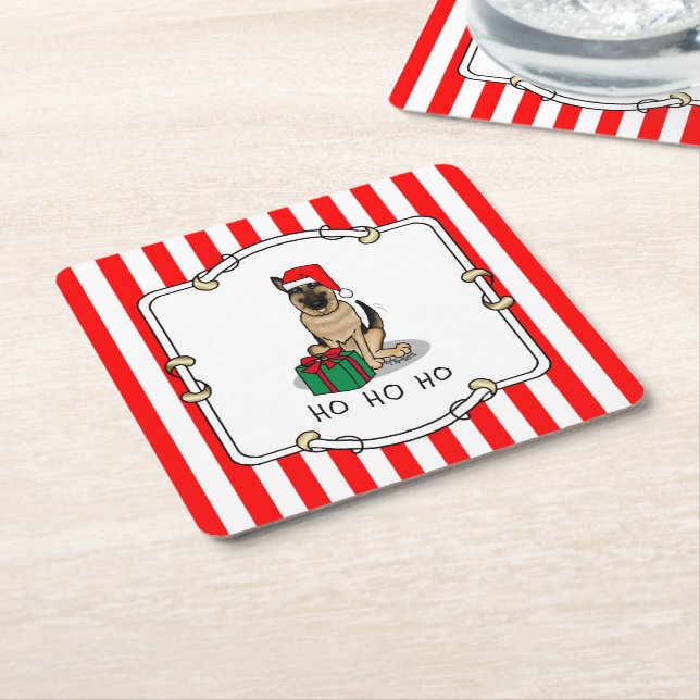 Christmas Santa Hat German Shepherd Dog Cute Square Paper Coaster (Angled)