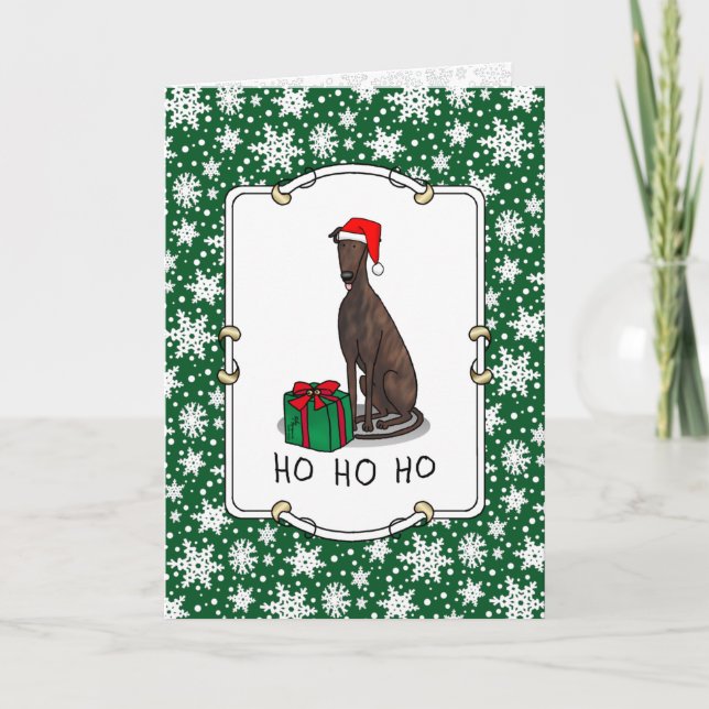 Christmas Santa Hat Greyhound Dog (brindle) Cute Card (Front)
