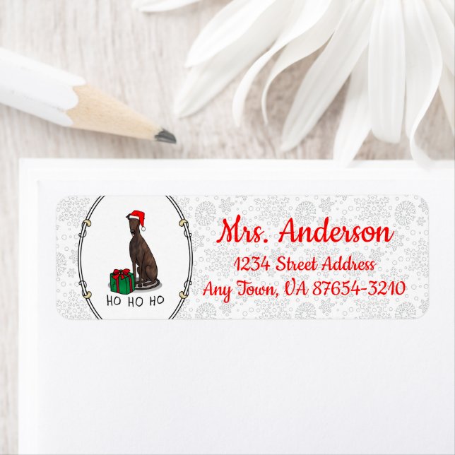Christmas Santa Hat Greyhound Dog (brindle) Cute Label (Insitu)