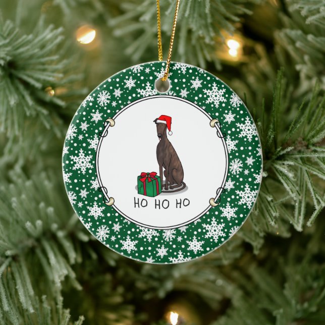 Christmas Santa Hat Greyhound Dog (brindle) Funny Ceramic Ornament (Tree)