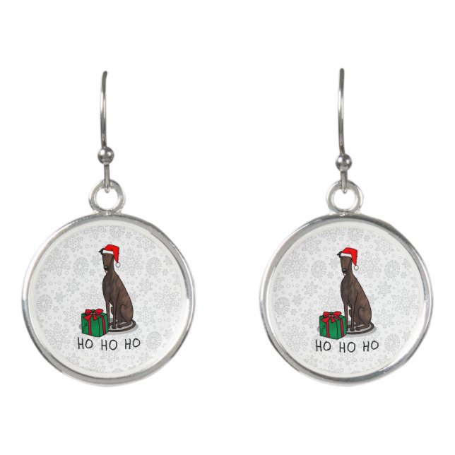 Christmas Santa Hat Greyhound Dog (brindle) Funny Earrings (Front)