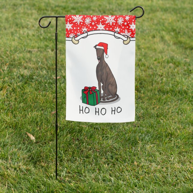 Christmas Santa Hat Greyhound Dog (brindle) Funny Garden Flag (In SItu)