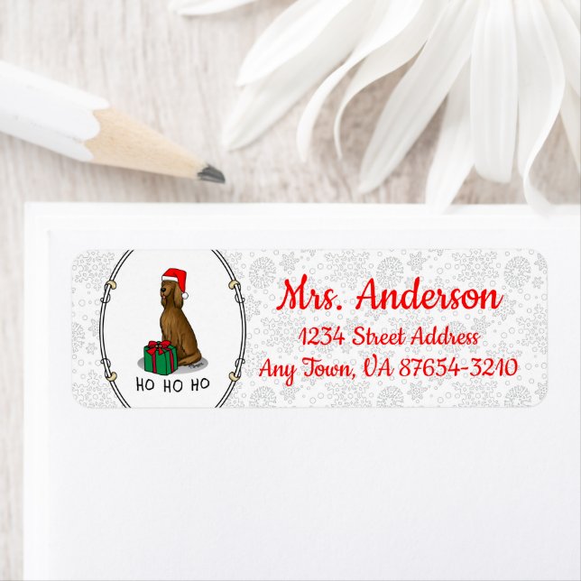 Christmas Santa Hat Irish Setter Dog (red 1) Cute Label (Insitu)