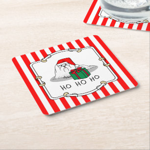 Christmas Santa Hat Maltese Dog Cute Funny Square Paper Coaster