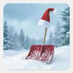 Christmas Santa Hat On Red Snow Shovel  Square Sticker