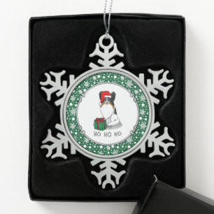 Christmas Santa Hat Papillon (tri-color) Dog Cute Snowflake Pewter Christmas Ornament