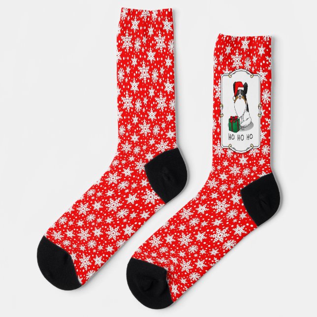 Christmas Santa Hat Papillon (tri-color) Dog Cute Socks (Left)
