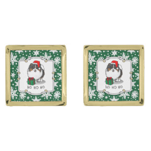 Christmas Santa Hat Pomeranian (tri-color) Cute Cufflinks