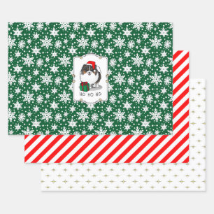 Christmas Santa Hat Pomeranian (tri-color) Cute Wrapping Paper Sheets