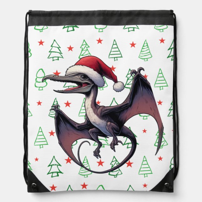 Christmas Santa hat pterodactyl  Drawstring Bag (Front)