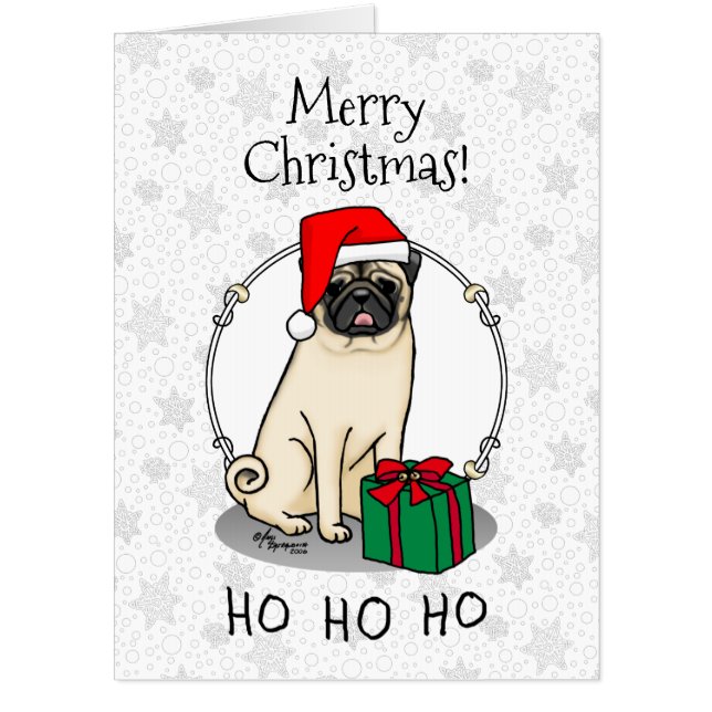 Christmas Santa Hat Pug Dog (light fawn) Cute Card (Front)