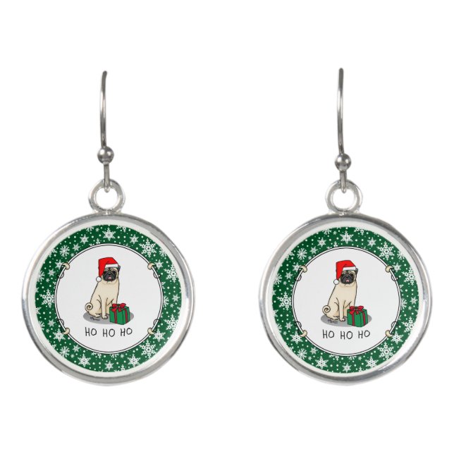 Christmas Santa Hat Pug Dog (light fawn) Cute Earrings (Front)