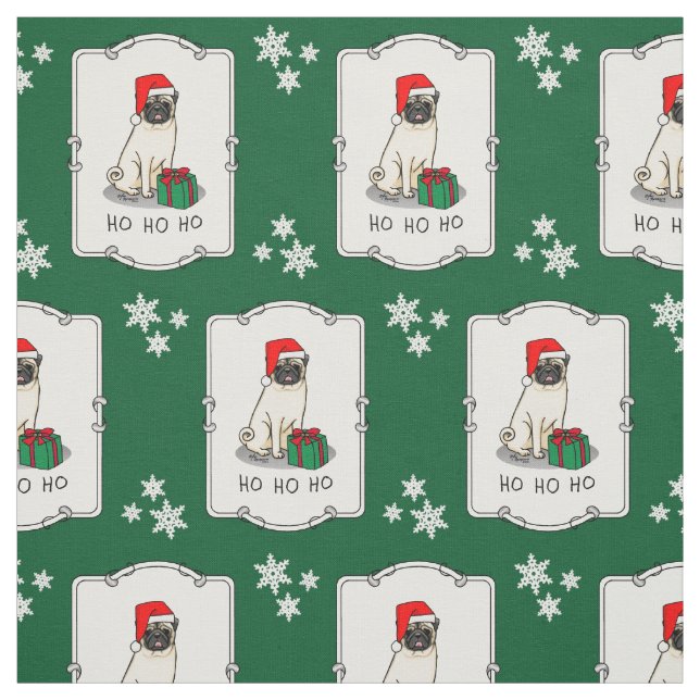 Christmas Santa Hat Pug Dog (light fawn) Cute Fabric (Swatch)