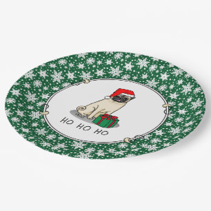 Christmas Santa Hat Pug Dog (light fawn) Cute Paper Plates