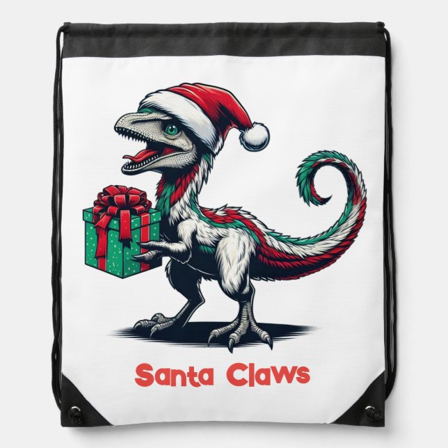 Christmas Santa hat raptor  Drawstring Bag (Front)