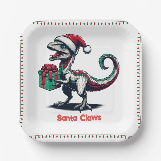 Christmas Santa hat raptor  Paper Plates (Front)