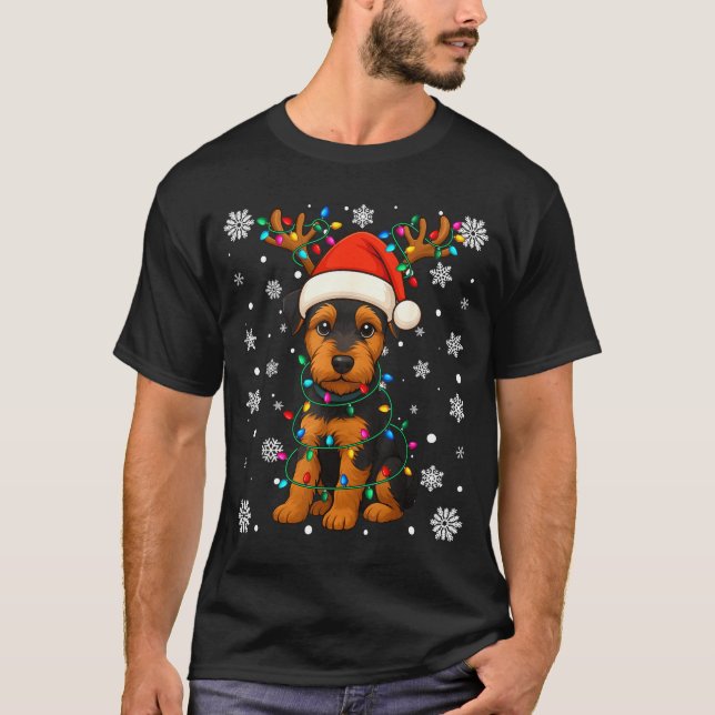 Christmas Santa Hat Reindeer Airedale Terrier Love T-Shirt (Front)
