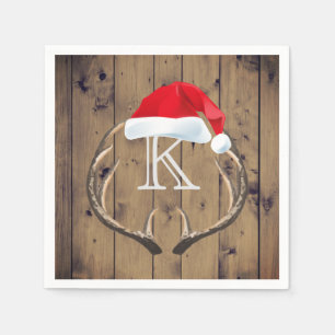 Christmas Santa Hat Reindeer Antlers Monogram Paper Napkins