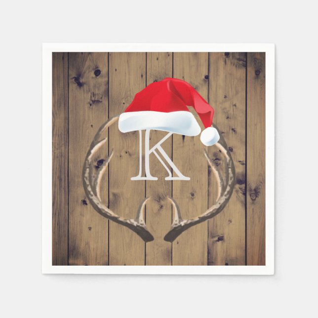 Christmas Santa Hat Reindeer Antlers Monogram Paper Napkins (Front)