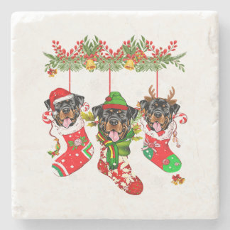 Christmas Santa Hat Rottweiler Dog Xmas Lights Stone Coaster