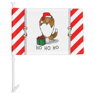 Christmas Santa Hat Shetland Sheepdog (sable) Cute Car Flag