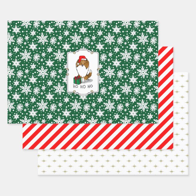 Christmas Santa Hat Shetland Sheepdog (sable) Cute Wrapping Paper Sheets (Set)