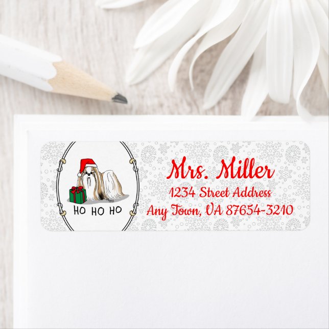 Christmas Santa Hat Shih Tzu (tan white) Dog Cute Label (Insitu)