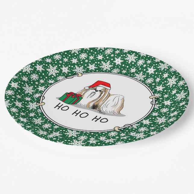 Christmas Santa Hat Shih Tzu (tan white) Dog Cute Paper Plates (Angled)