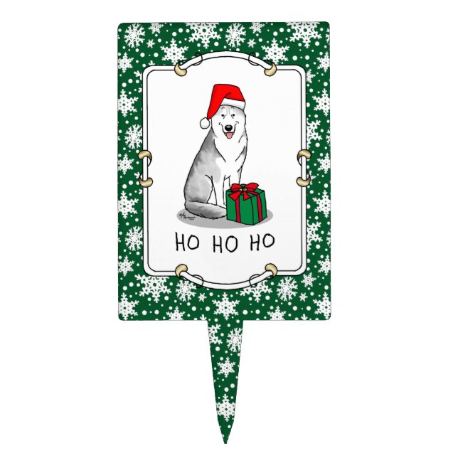 Christmas Santa Hat Siberian Husky (silver) Cute Cake Topper (Front)