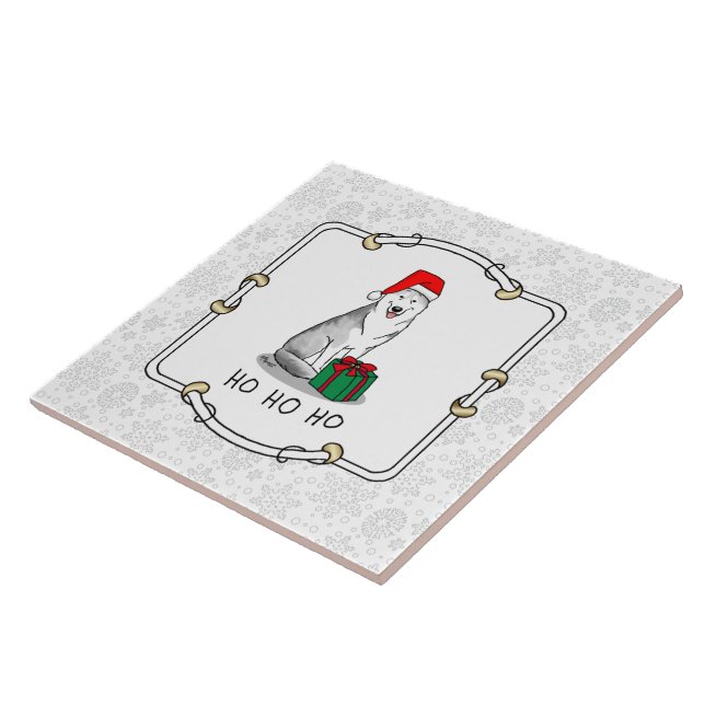 Christmas Santa Hat Siberian Husky (silver) Cute Ceramic Tile (Side)